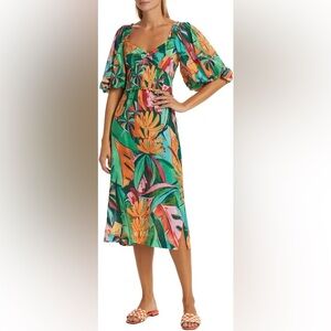 FARM Rio Tropical Print Midi Dress - Green and Orange